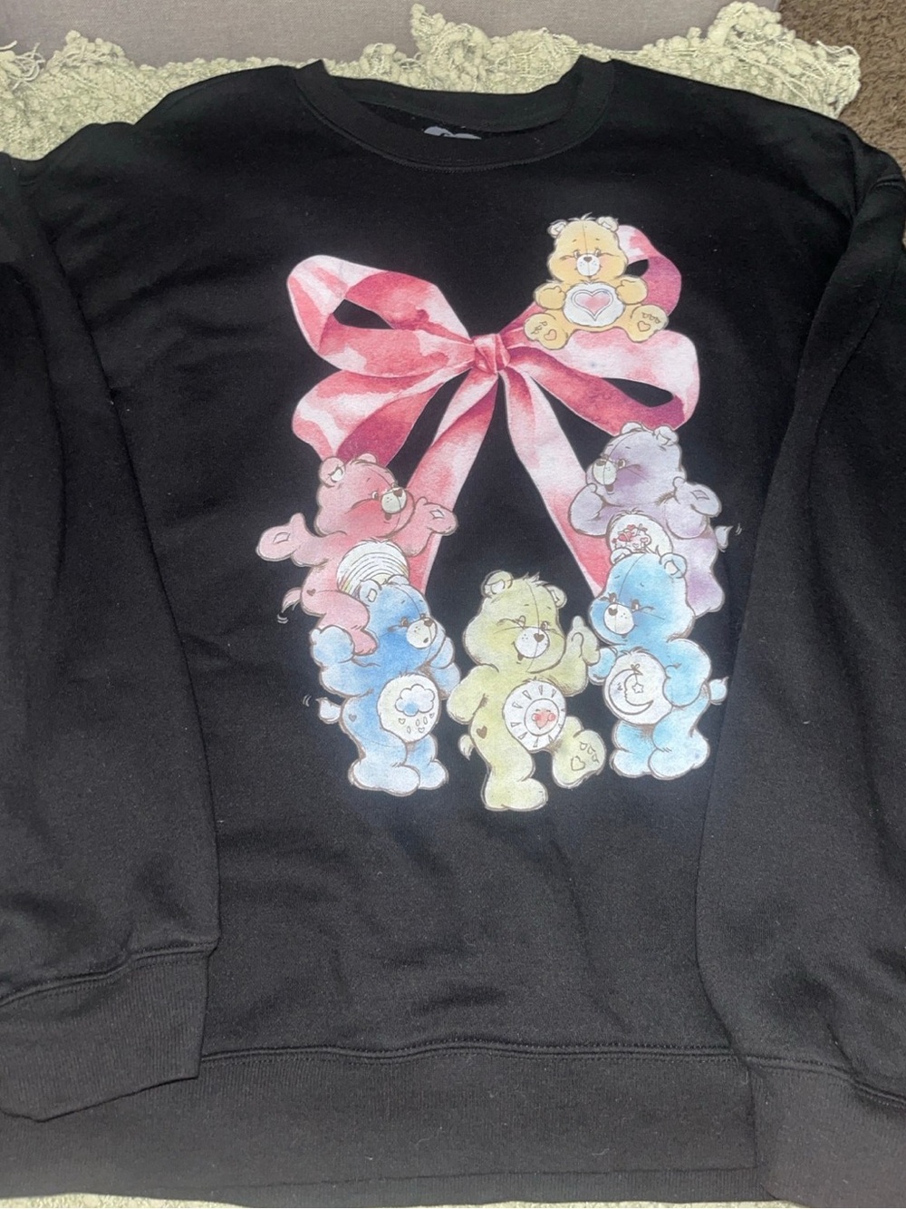 Black Sweatshirt with Colorful Care Bears and Pink Bow